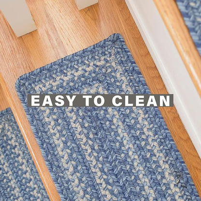 Homespice Denim Jute Braided Stair Treads for Wooden Steps, Country Coastal Decor, Set of 13, Blue 8x28 Rectangle Rugs for Stairs - Easy to Clean, Tightly Stitched and Durable