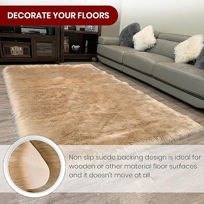 LAMBZY High Pile Super Fluffy Soft Faux Sheepskin Rug | Faux Sheepskin Rugs for Living Room Playroom Bedroom | Classic Super Soft to Touch Rug (4'x6', Beige)