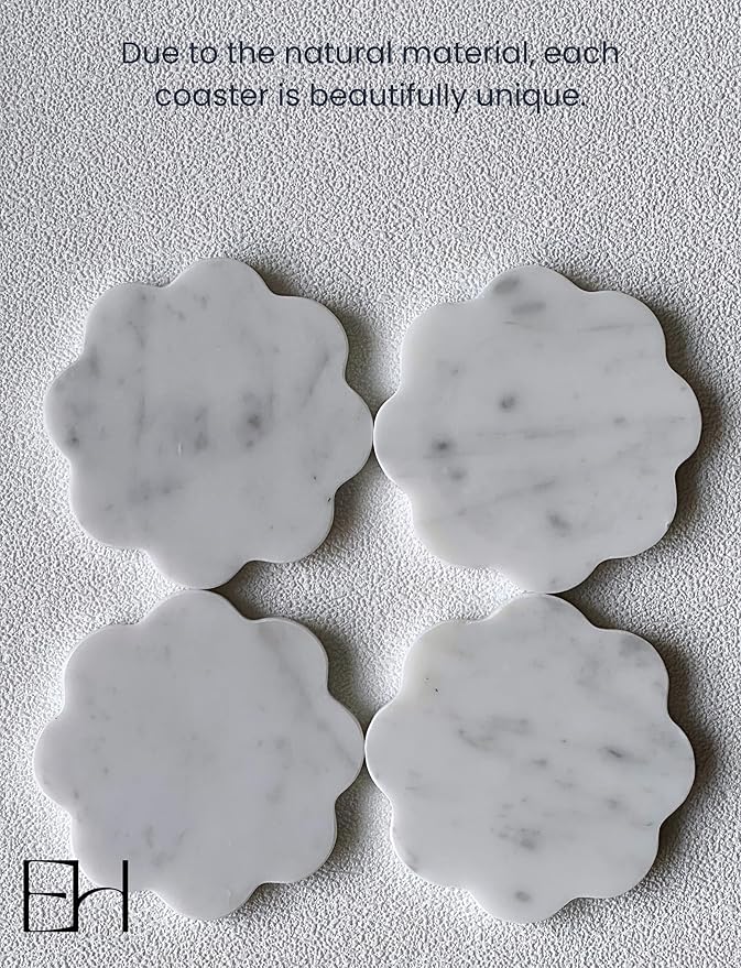 Marble Coasters Set of 4 - Natural Stone Coaster for Drinks, Modern Cup Holders, Bar Coffee Table Desk Decor, Cool Home Decor 4" (Calacatta White, Scalloped Round)