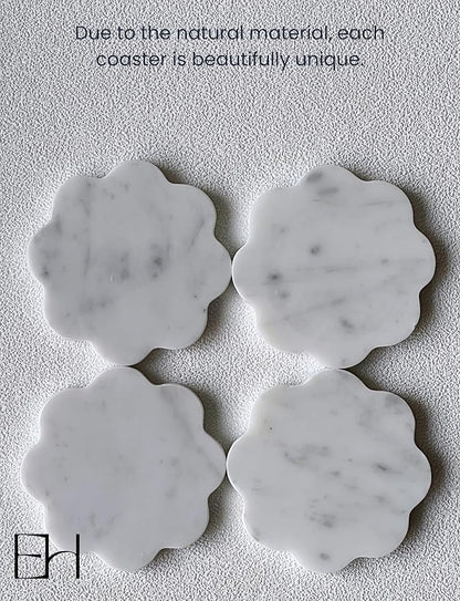 Marble Coasters Set of 4 - Natural Stone Coaster for Drinks, Modern Cup Holders, Bar Coffee Table Desk Decor, Cool Home Decor 4" (Calacatta White, Scalloped Round)