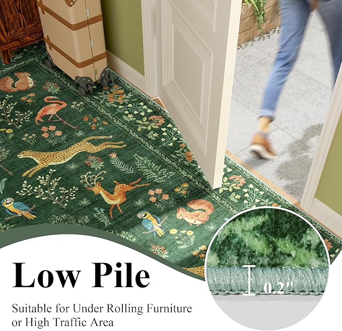 DUKINO 9x12 Rug, Washable Animal Living Room Rug with Non Slip Vintage Design, Soft Low Pile Large Carpet for Bedroom, Nursery, Dining Room, Farmhouse, Playroom, Green