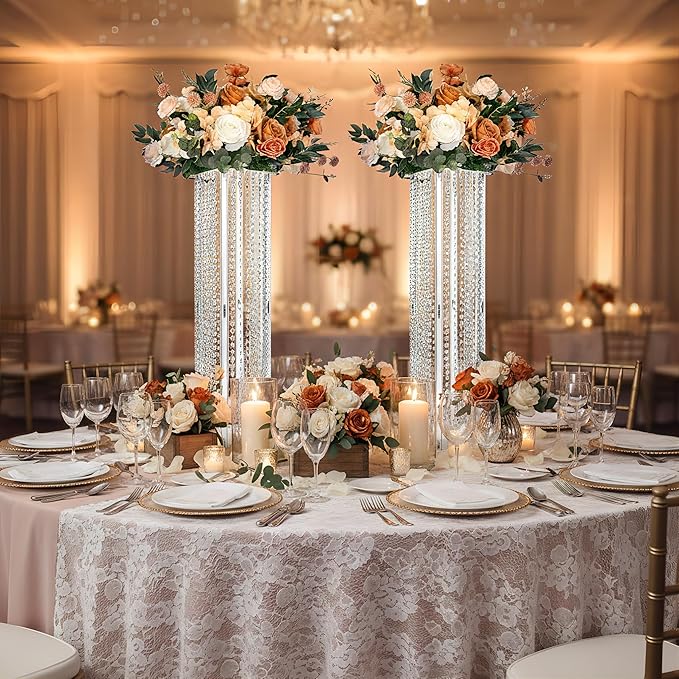 2 Pcs Wedding Centerpieces Table Acrylic Vases with Chandelier Crystal - 31.5in Tall Clear Rectangular Flower Stand Geometric Flower Centerpiece Vase Party Tables Decorations