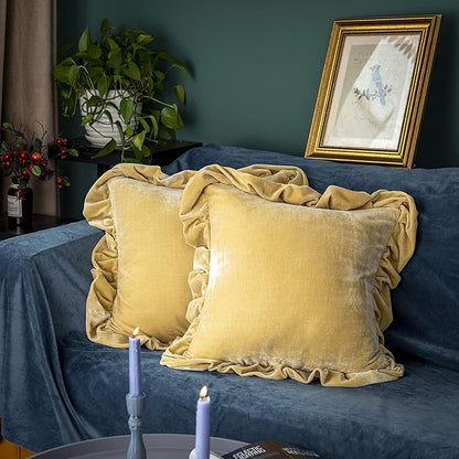 Velvet Throw Pillow Cover Soft Decorative Luxurious Solid Square Cushion Case for Sofa Couch Bedroom Farmhouse,Pack of 2, 18 x 18 Inches, Butter Yellow