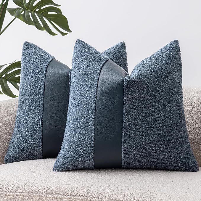 20"x20" Denim Blue Boucle Throw Pillow Covers with Faux Leather Accents Set of 2 Fluffy Textured Decorative Pillow Cases for Couch Bed Boho Farmhouse Square Cushion Covers for Nordic Home