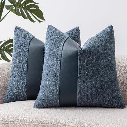 20"x20" Denim Blue Boucle Throw Pillow Covers with Faux Leather Accents Set of 2 Fluffy Textured Decorative Pillow Cases for Couch Bed Boho Farmhouse Square Cushion Covers for Nordic Home