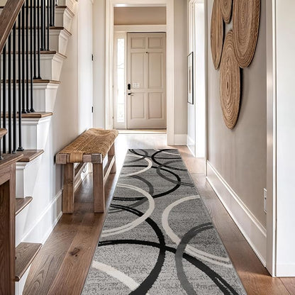 Rugshop Wavy Circles Design Runner Rug, Fade-Resistant Carpet for Hallway, Kitchen, or Entryway, Gray, 2' x 10'