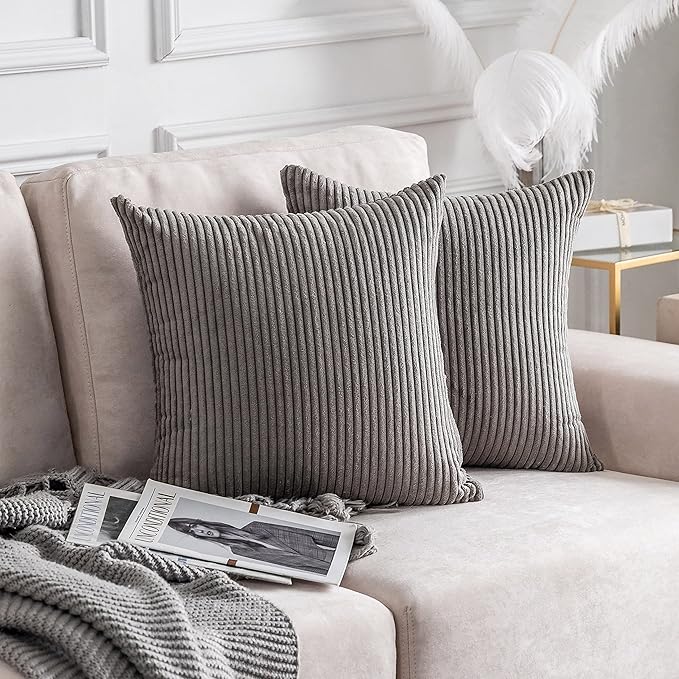 Home Brilliant 20 x 20 Pillow Covers Set of 2 Plush Corduroy Throw Pillow Covers Decorative for Couch Sofa Bed, 20x20 inch, Ash Grey