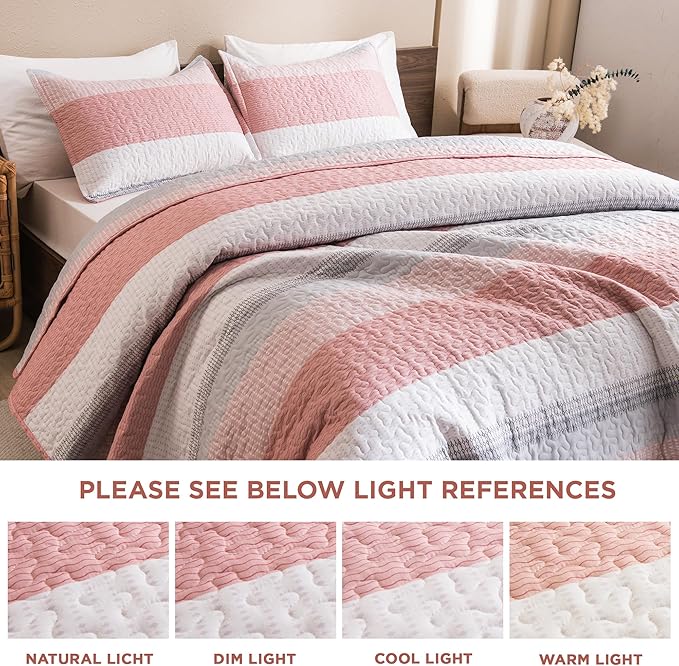 Litanika Quilt Queen Size Pink, Stripe Patchwork Summer Bedspread Coverlet 3 Pieces, Soft Lightweight Microfiber Quilted Bedding Set for All Season(1 Quilt, 2 Pillowcases)