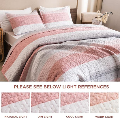 Litanika Quilt Queen Size Pink, Stripe Patchwork Summer Bedspread Coverlet 3 Pieces, Soft Lightweight Microfiber Quilted Bedding Set for All Season(1 Quilt, 2 Pillowcases)
