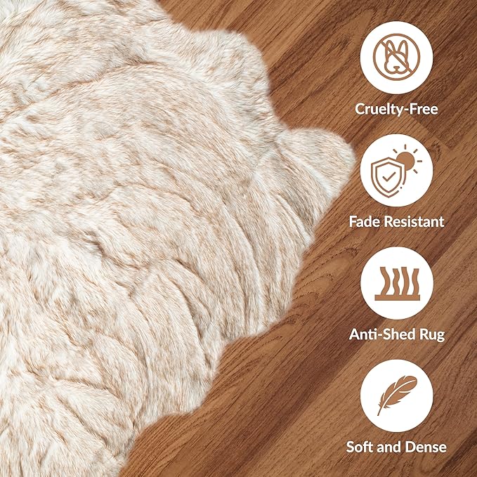 Luxe Gordon Faux Fur Rug with Soft and Fluffy Pile | Machine Washable Living Room Rug with Anti-Slip Backing | Cruelty-Free Area Rugs for Office or Bedroom, Gradient Tan, 4 ft x 6 ft