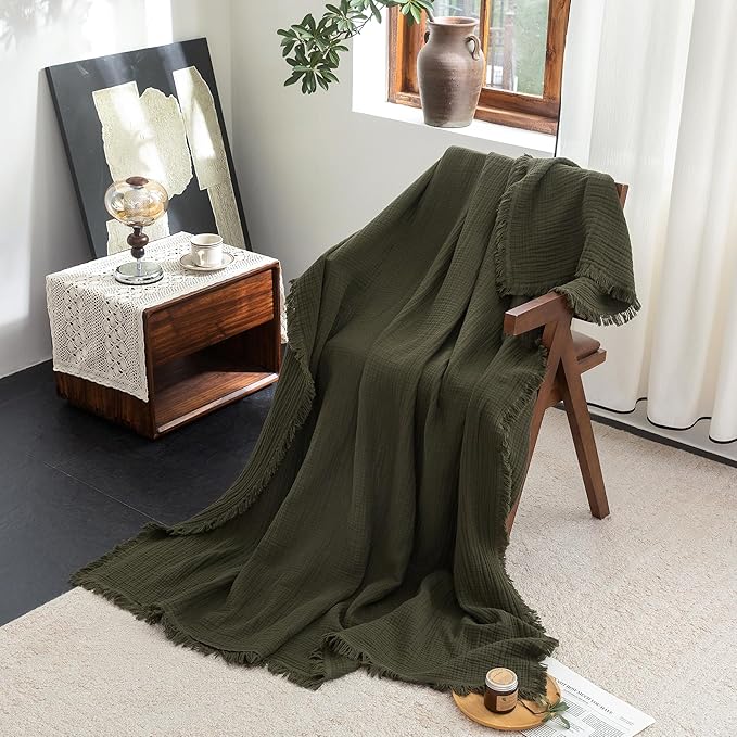 FOSSA Muslin Blanket with Fringe - 4-Layer 100% Cotton Gauze Super Soft & Breathable Throw -Lightweight Decorative Cooling Blanket for Bed, Sofa, Office (Olive Green, King (104" × 90"))
