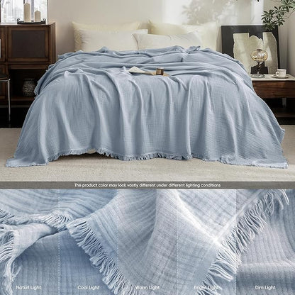 FOSSA Muslin Blanket with Fringe - 4-Layer 100% Cotton Gauze Super Soft & Breathable Throw -Lightweight Decorative Cooling Blanket for Bed, Sofa, Office (Cornflower Blue, Twin XL (66" × 90"))