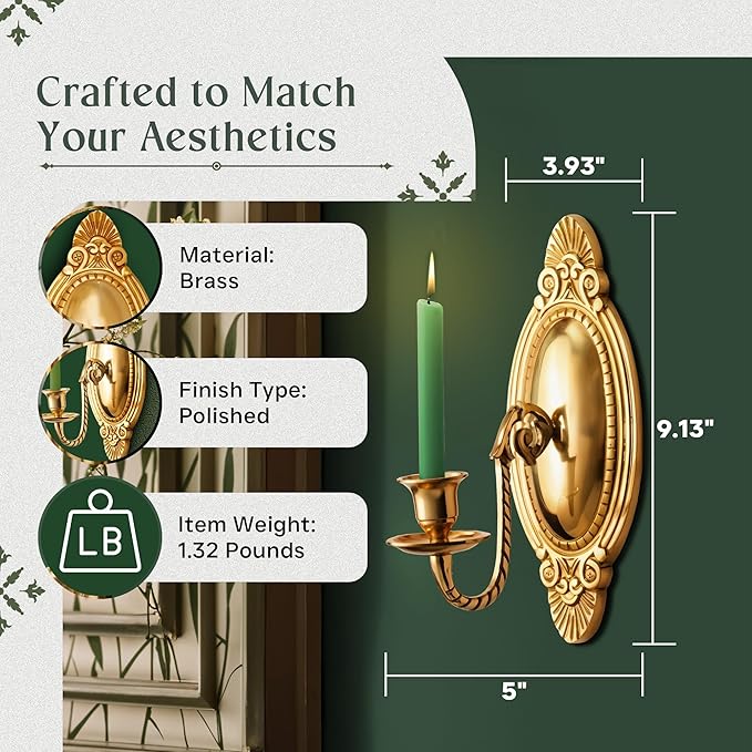 Solid Brass Wall Sconce Candle Holder 9 1/8 Inches H Victorian Vintage Style Decorative Candlestick Holders with Mounting Hardware Antique Wall Mounted Art | Renovators Supply Manufacturing