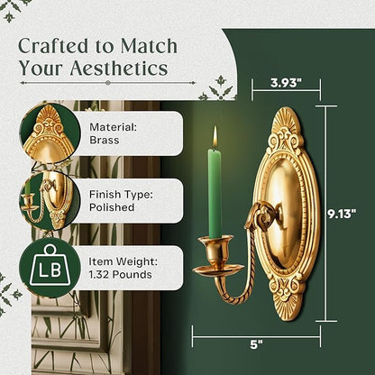 Solid Brass Wall Sconce Candle Holder 9 1/8 Inches H Victorian Vintage Style Decorative Candlestick Holders with Mounting Hardware Antique Wall Mounted Art | Renovators Supply Manufacturing