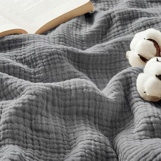 Bedsure 100% Cotton Muslin Throw Blanket Twin XL for Bed - 4-Layer Breathable and Lightweight Thin Soft Summer Gauze Muslin Blankets for Adults, Grey, 66x90 Inches