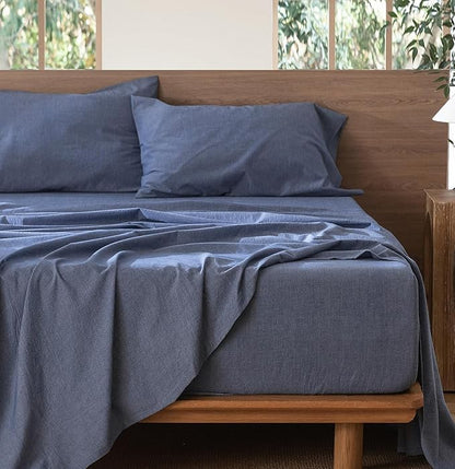 MooMee Bedding Sheet Set 100% Washed Cotton Linen Like Textured Breathable Durable Soft Comfy (Heathered Blue, Twin)