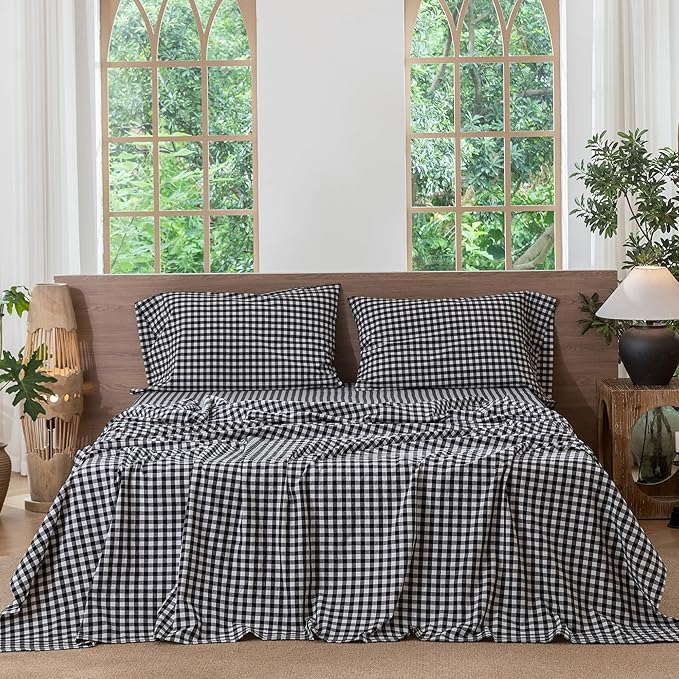 MooMee Gingham Sheet Set 100% Washed Cotton Linen Like Textured Breathable Soft w/ Fully Elasticized 16-19" Deep Pocket (Classic Gingham Black White, King)
