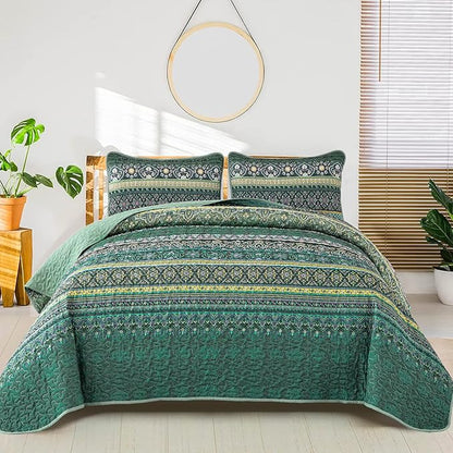 WONGS BEDDING Boho Quilt Queen Size, Green Bohemian Queen Quilt, Lightweight Microfiber Bed Decor Bedspread for All Season 96"x90"(3 Pieces)