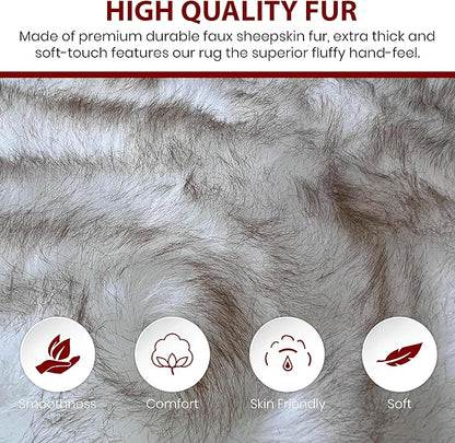 LAMBZY Faux Sheepskin Super Soft Hypoallergenic Silky Shag Rug for Living Room, Kids Room, Sofa (Single and a Half 2'x4'6", White/Brown Tips)