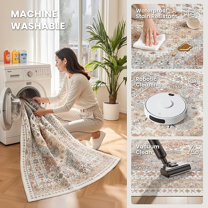 zesthome 7x9 Area Rug, Super Soft Washable Rugs for Living Room, Non-Slip Stain Resistant Vintage Rugs, Ultra-Thin Large Area Rugs (Orange,7'x9')