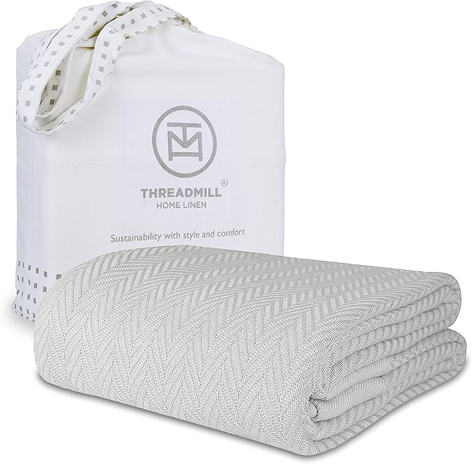 Threadmill Luxury Cotton Blankets for Queen Size Bed | All-Season 100% Cotton Queen Size Blanket | Herringbone Cozy, Soft Breathable Fall Thermal Blanket fits Full Size Bed | Light Grey