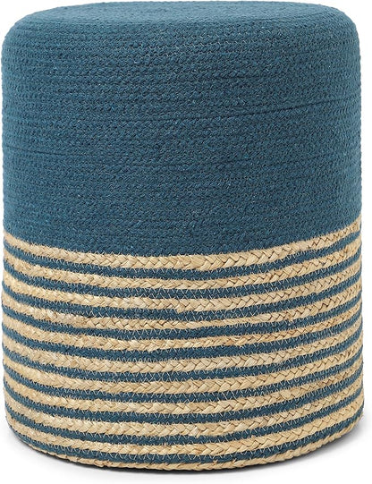 REDEARTH · Cylindrical Pouf Foot Stool Ottoman - Jute Braided Pouffe Poof Accent Sitting Footrest for Living Room, Bedroom, Nursery, Patio, Lounge & Other Rooms (Teal Natural, 14.5"X14.5"X16")