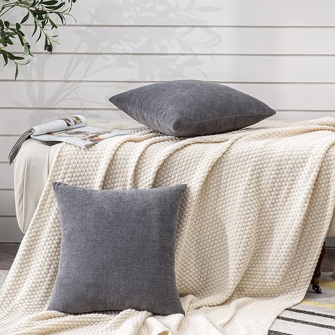 GAWAMAY Decorative Throw Pillow Covers 16x16 Inch Set of 2, Super Soft Chenille Square Pillows Farmhouse Fall Pillowcase for Living Room Bedroom Sofa Couch Cushion Cover Grey 40x40cm (No Insert)