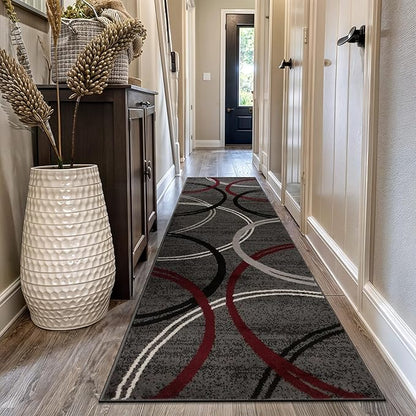 Rugshop Modern Wavy Circles Design Non-Shedding Runner Rug, Carpet for Hallway or Kitchen, Red, 2'7" x 8'