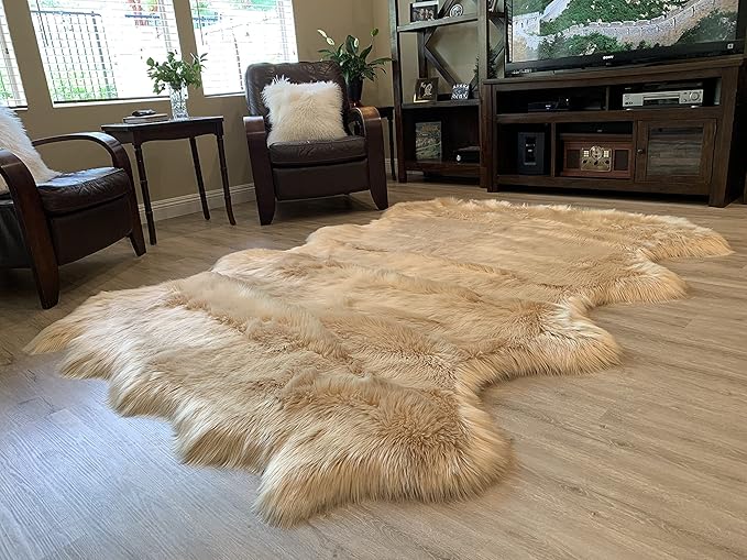 LAMBZY Faux Sheepskin Super Soft Hypoallergenic Silky Shag Rug for Living Room, Kids Room, Sofa (Octo 8 Pelts 6'x8', Beige)