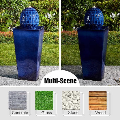 Glitzhome Ceramic Outdoor Water Fountain with LED Light, Oversized Artichoke Pedestal Water Fountains with Submersible Pump, Patio Fountain Waterfall for Garden Patio Deck Porch, Cobalt Blue, 35.75" H