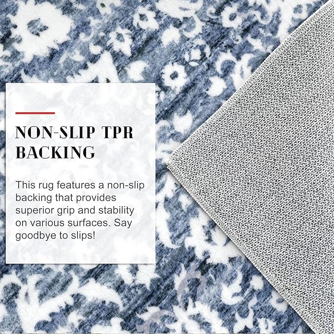 Vintage Floral 2x6 Runner Rug, Light Blue White Washable Kitchen Runner Rug Non-Slip Hallway Rug Runner Thin Printed Faux Wool Super Soft Carpet for Entryway Bedroom Laundry Room Indoor