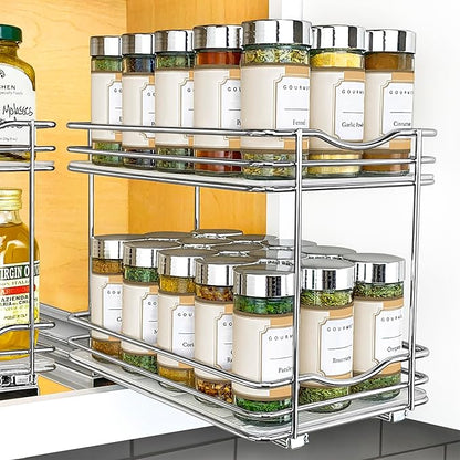 LYNK PROFESSIONAL® Pull Out Spice Rack Organizer for Inside Kitchen Cabinets - 6-3/8 inch Wide - Slide Out Drawer – Chrome Sliding Spice Cabinet Organization Shelf Racks - 2 Tier