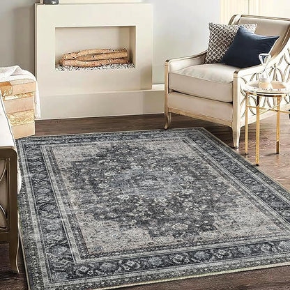 Washable Area Rug 4'x6' Traditional Floor Cover Foldable Thin Rugs Retro Kitchen Indoor Distressed Non Slip Carpet Floral Print Mat Bedroom Living Room