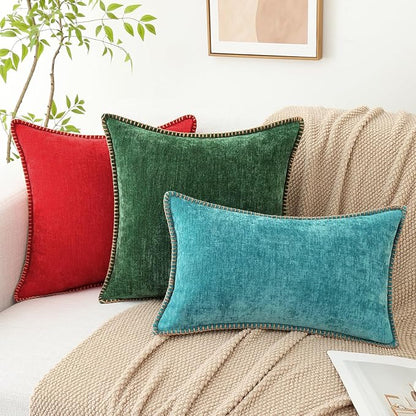 decorUhome Spring Chenille Soft Throw Pillow Covers 20x20 Set of 2, Farmhouse Velvet Neutral Decorative Pillow Covers with Stitched Edge for Couch Sofa Bed Home Decor, Turquoise