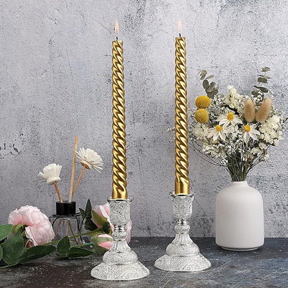 OwnMy 2PCS Brass Taper Candle Holders Candle Stick Holders Set Vintage Metal Pillar Candlestick Holders, 4”H Elegant Candle Stand Candelabra for Dining Table Centerpieces Wedding Home Decor, Silver