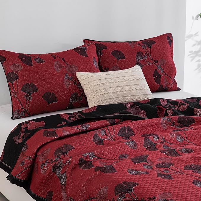 100% Cotton Muslin Jacquard 3 Piece Quilt Set Floral Ginkgo Leaf Print, Soft 3 Layers Gauze Bed Cover Reversible Bedspread Coverlet Breathable Lightweight Bedding Set, Queen