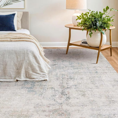 Washable 6x9 Bedroom Rug - Blue Grey Modern Rug for Living Room, Dining Room Table, Non Slip Soft Faded Print Mat
