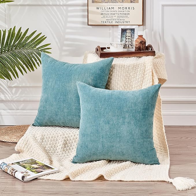 GAWAMAY Decorative Square Throw Pillow Covers 22"x22" Inch Set of 2, Super Soft Chenille Pillows Farmhouse Fall Pillowcase for Living Room Bedroom Sofa Couch Cushion Cover Smoke Blue 55x55cm