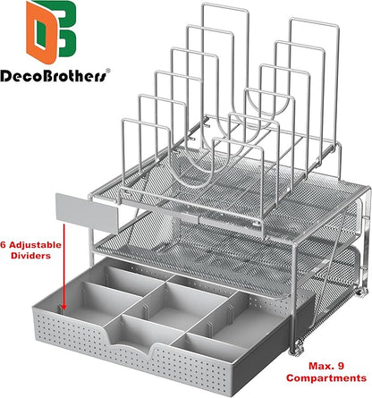 Deco Brothers Desktop File Organizer with Double Tray and 5 Folder Stand, Silver