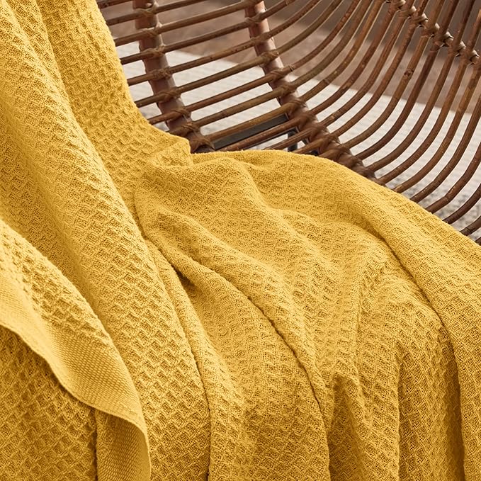 Bedsure Gentlesoft 100% Cotton Blanket Queen Size for Bed - Breathable and Soft, Thick Cozy Waffle Weave Christmas Blanket Gift for Women, Mustard Yellow, 90x90 Inches