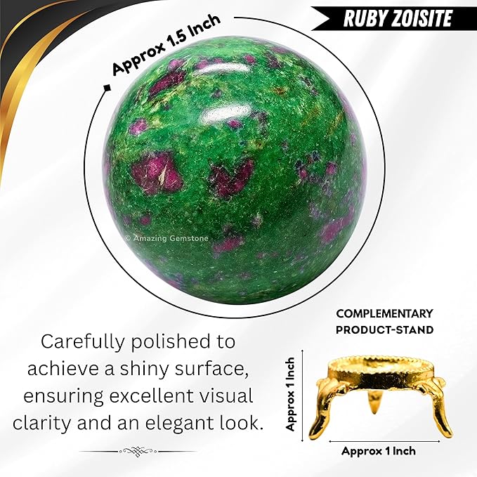Amazing Gemstone Ruby Zoisite Crystal Ball with Stand - 1.5 Inches Crystal Sphere Meditation Balls for Witchcraft and Decorative Balls