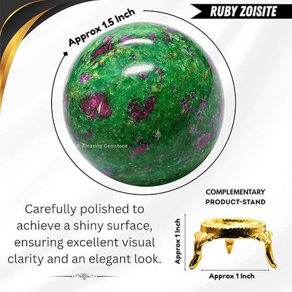 Amazing Gemstone Ruby Zoisite Crystal Ball with Stand - 1.5 Inches Crystal Sphere Meditation Balls for Witchcraft and Decorative Balls