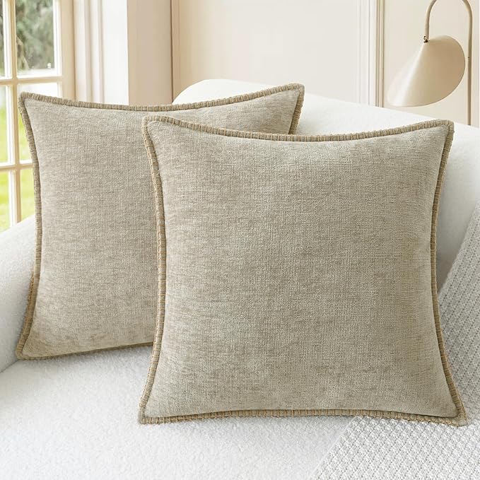 CaliTime Throw Pillow Covers Decorative 16 X 16 Inches Pack of 2 Cotton Thread Stitching Edges Solid Dyed Soft Chenille Cushion Cases for Couch Sofa Bed Living Room Farmhouse Light Taupe