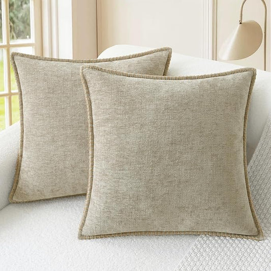 CaliTime Throw Pillow Covers Decorative 24 X 24 Inches Pack of 2 Cotton Thread Stitching Edges Solid Dyed Soft Chenille Cushion Cases for Couch Sofa Bed Living Room Farmhouse Light Taupe