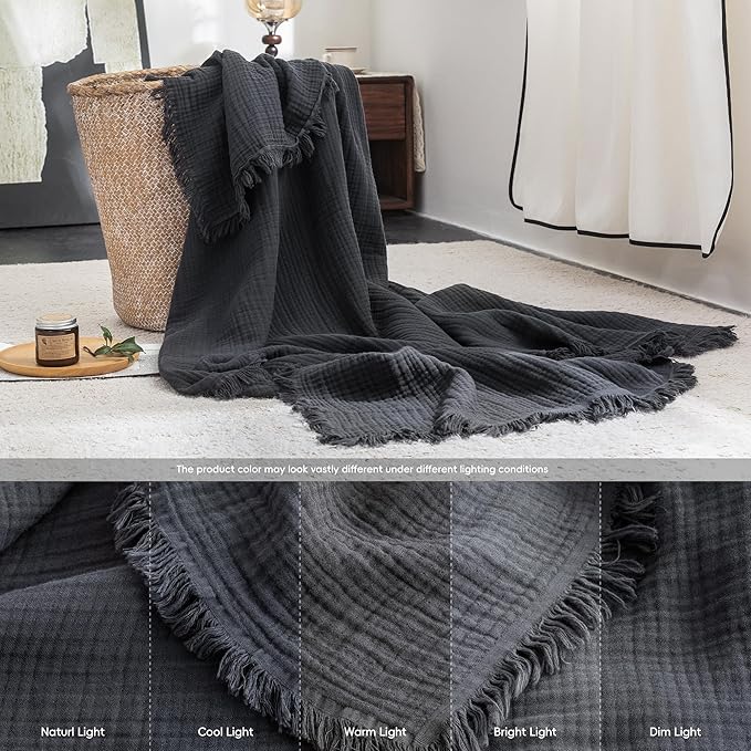 FOSSA Muslin Blanket with Fringe - 4-Layer 100% Cotton Gauze Super Soft & Breathable Throw -Lightweight Decorative Cooling Blanket for Bed, Sofa, Office - Super King Size 108" x 98" (Dark Gray)