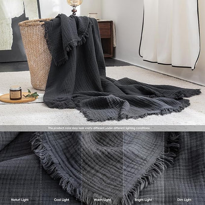 FOSSA Muslin Blanket with Fringe - 4-Layer 100% Cotton Gauze Super Soft & Breathable Throw -Lightweight Decorative Cooling Blanket for Bed, Sofa, Office -Oversize Queen Size 98" × 98" (Dark Gray)