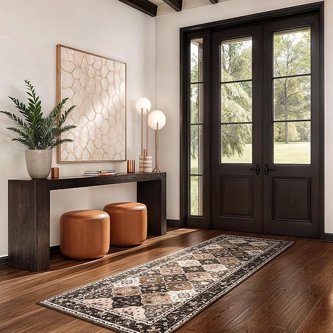 Lessymo Washable Runner Rug 2x6, Moroccan Faux Wool Runner Rugs Non Slip for Hallways Kitchen Entryway Laundry Room Bedroom, Low Pile Multicolor Oriental Rug, Kid & Pet Friendly, Taupe and Beige