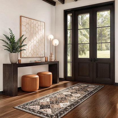 Lessymo Washable Runner Rug 2x6, Moroccan Faux Wool Runner Rugs Non Slip for Hallways Kitchen Entryway Laundry Room Bedroom, Low Pile Multicolor Oriental Rug, Kid & Pet Friendly, Taupe and Beige