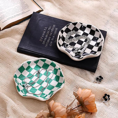 Koythin Ceramic Jewelry Tray, Checkered Pattern Aesthetic Decorative Trinket Dish for Rings, Earrings Necklaces Bracelet Watch Holder, Small Key Bowl, Birthday Mother's Day for Women (Black)