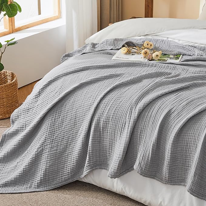EMME Cotton Muslin Queen Blanket Bed Layering Bedspread Coverlet Breathable Gauze Soft Lightweight Blankets (Heather Grey, 90"x90")